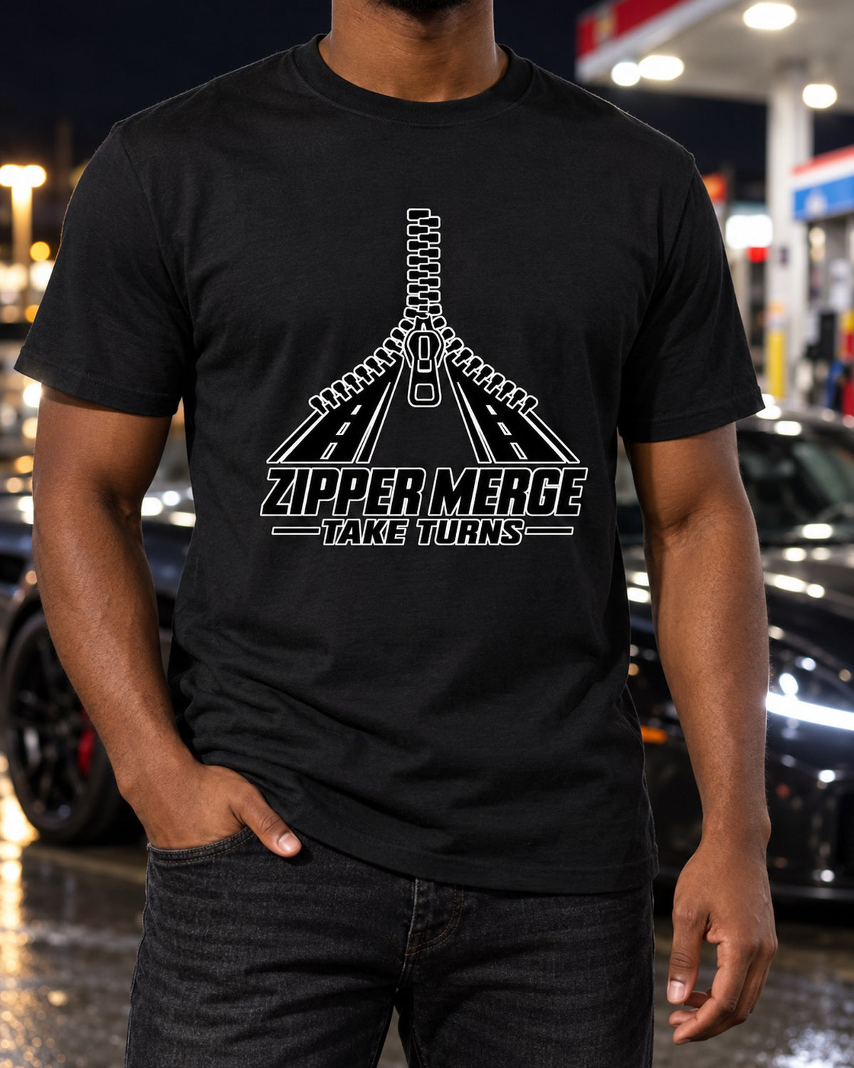 Funny Zipper Merge Take Turns Shirt for Drivers T-Shirt Black worn hero