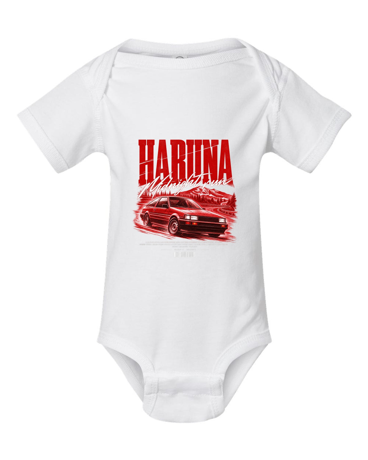 Street poster print of a Toyota Corolla Levin AE86 with the text Haruna Midnight Run white baby onesie front view with the design