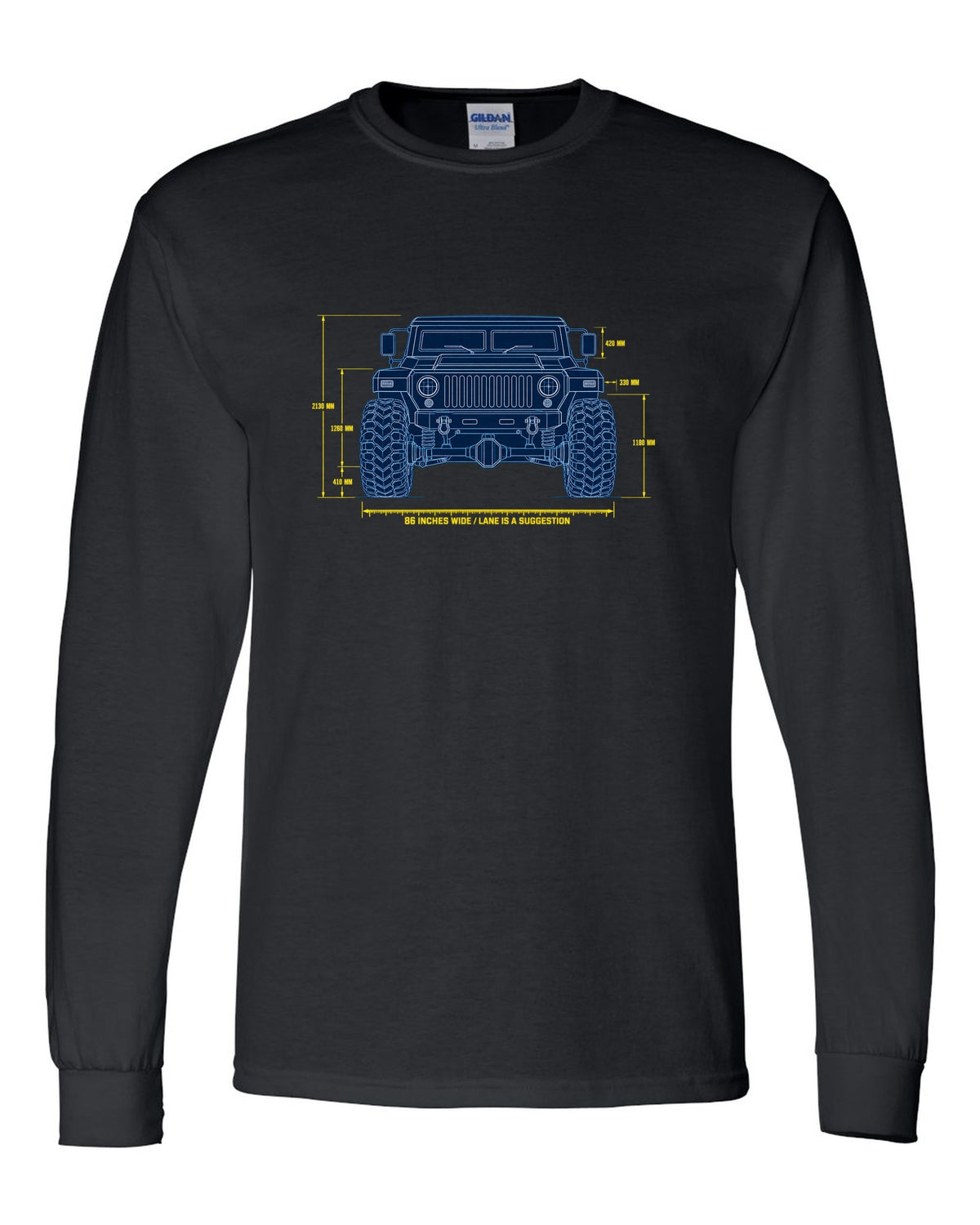 Blueprint patent line art print of the Hummer H1 M998 lineage with 86 inches wide text black long sleeve front view with the design