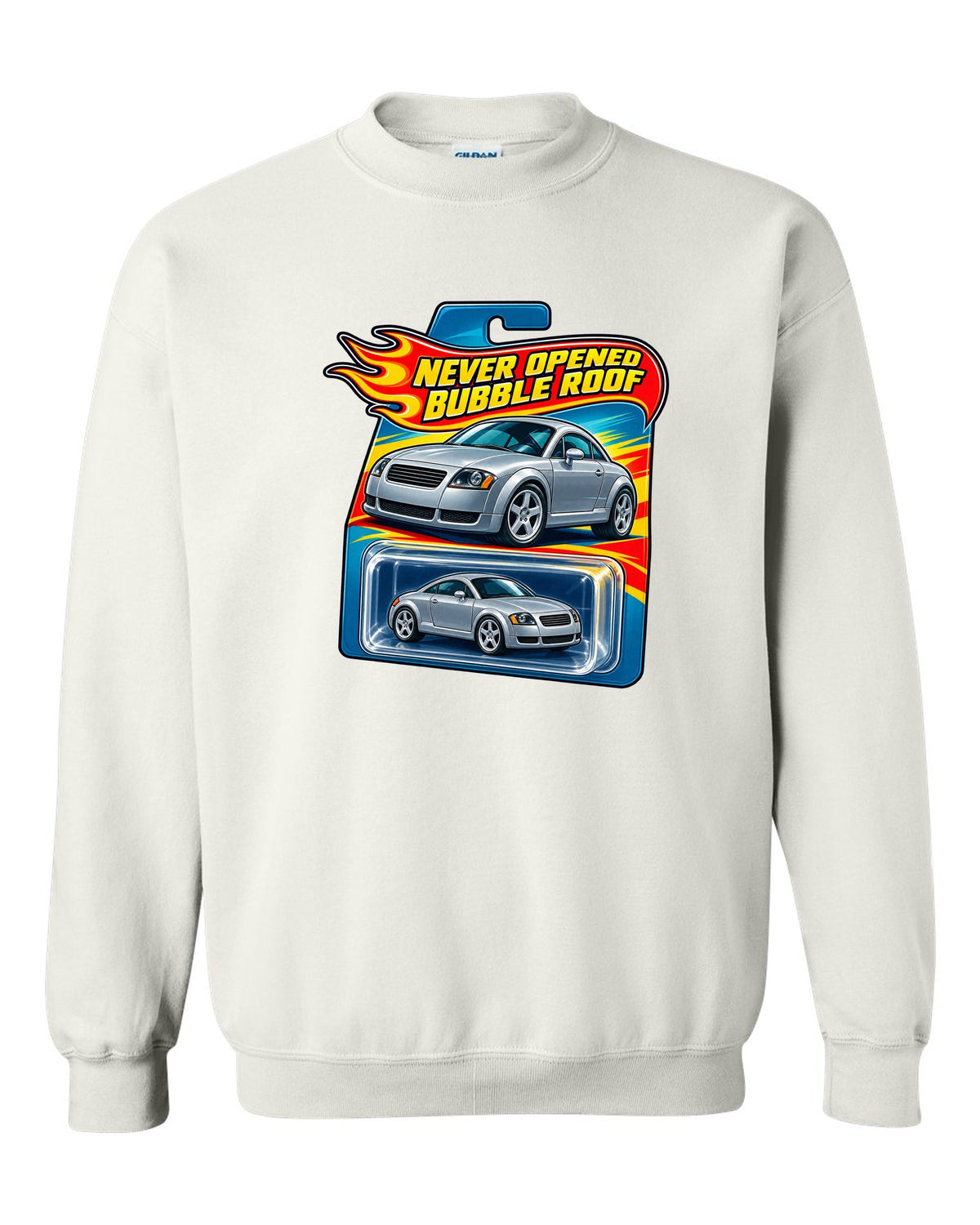Toy blister card style print of an Audi TT 8N with Never Opened text white crewneck front view with the design