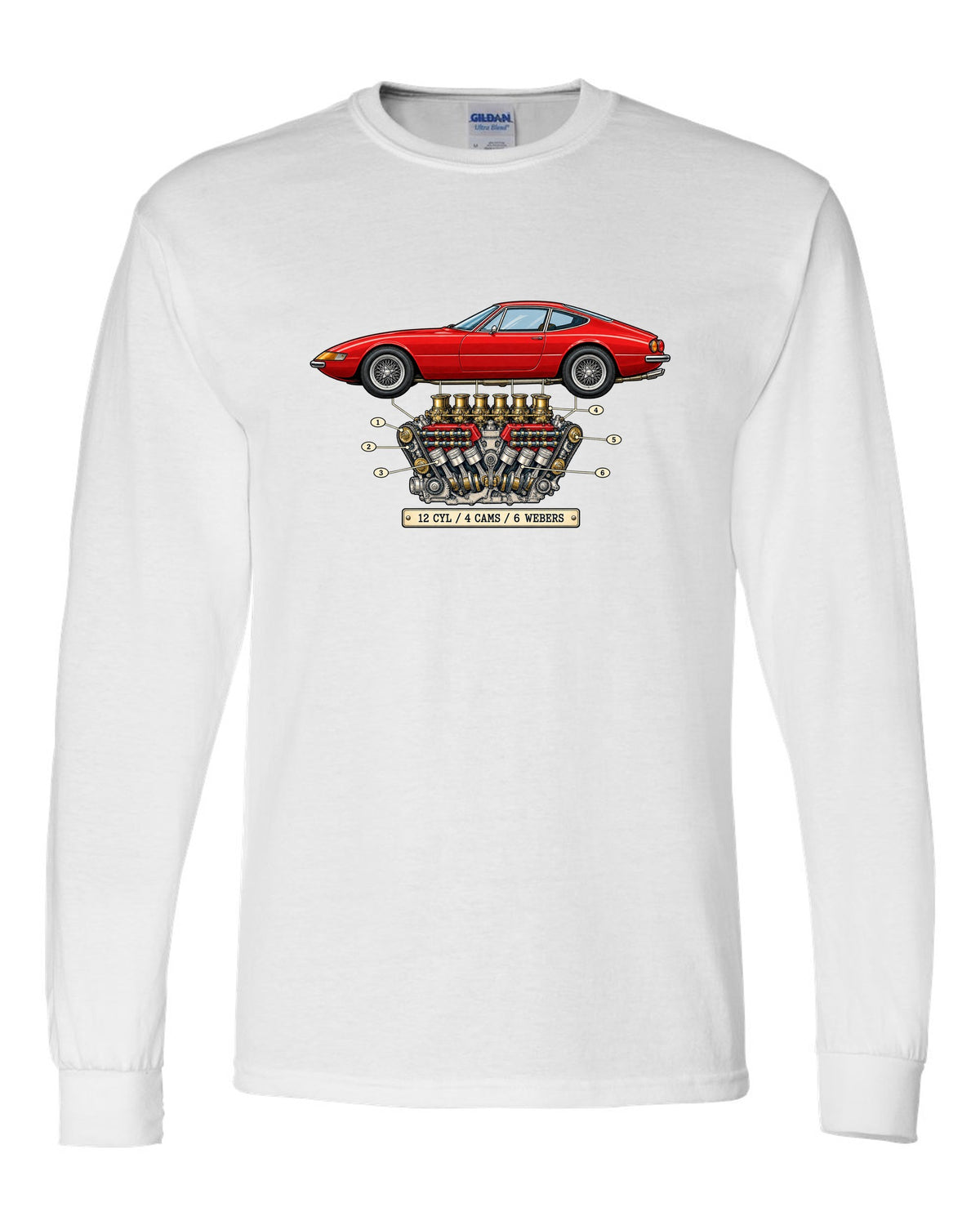 Patent-style drawing of the Ferrari 365 GTB/4 Daytona V12 engine white long sleeve front view with the design