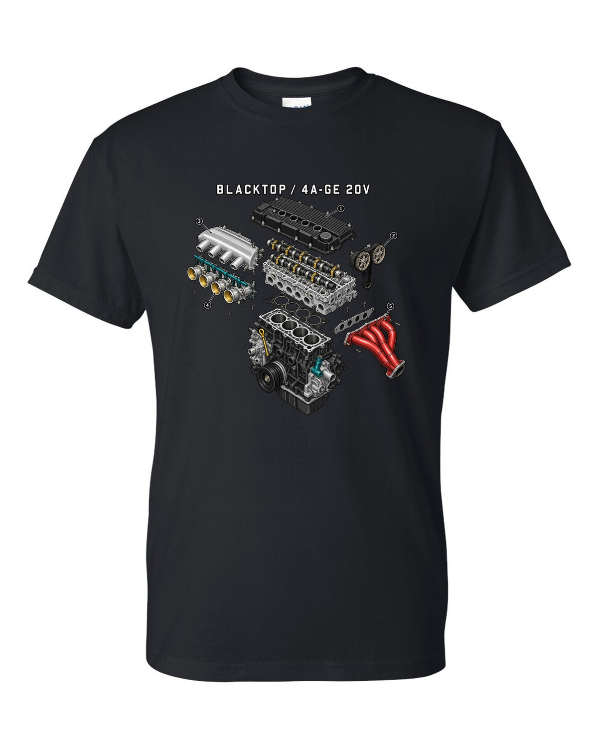 Exploded engine diagram of the blacktop 4A-GE 20V for the Toyota Corolla AE111 black t-shirt front view with the design