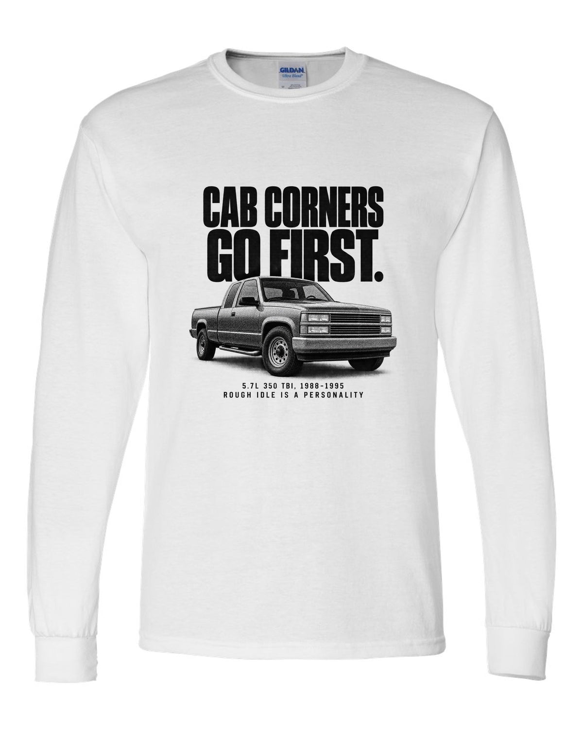 Halftone print of a 1988-98 Chevrolet GMT400 C1500 OBS with 5.7L 350 TBI text white long sleeve front view with the design