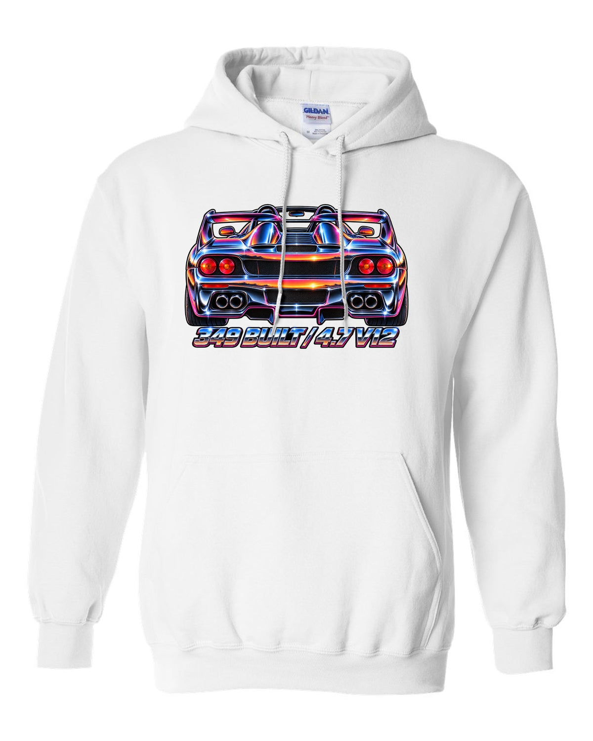 1980s airbrush chrome rear view print of a 1995 Ferrari F50 F130 with 349 built and 4.7 V12 text white pull over hoodie front view with the design