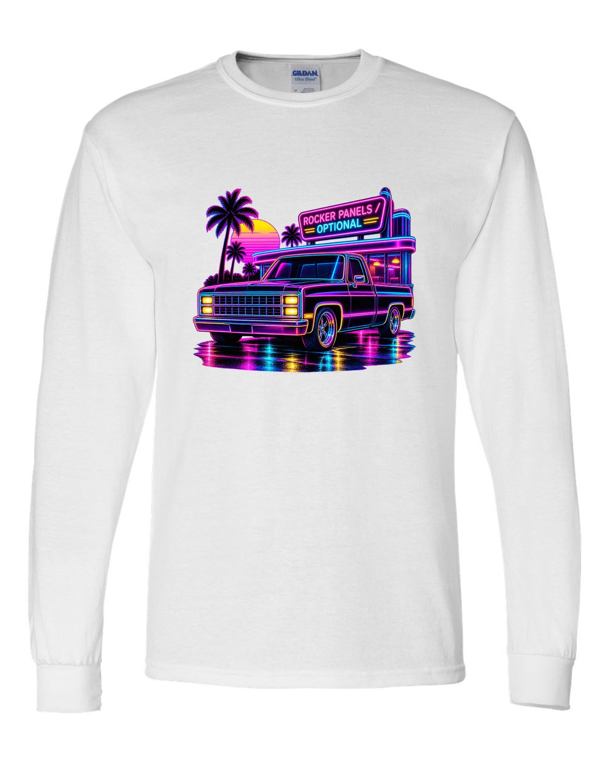 Neon synthwave line art print of a 1973-87 Chevrolet C10 Squarebody at a diner with rocker panels optional lettering white long sleeve front view with the design