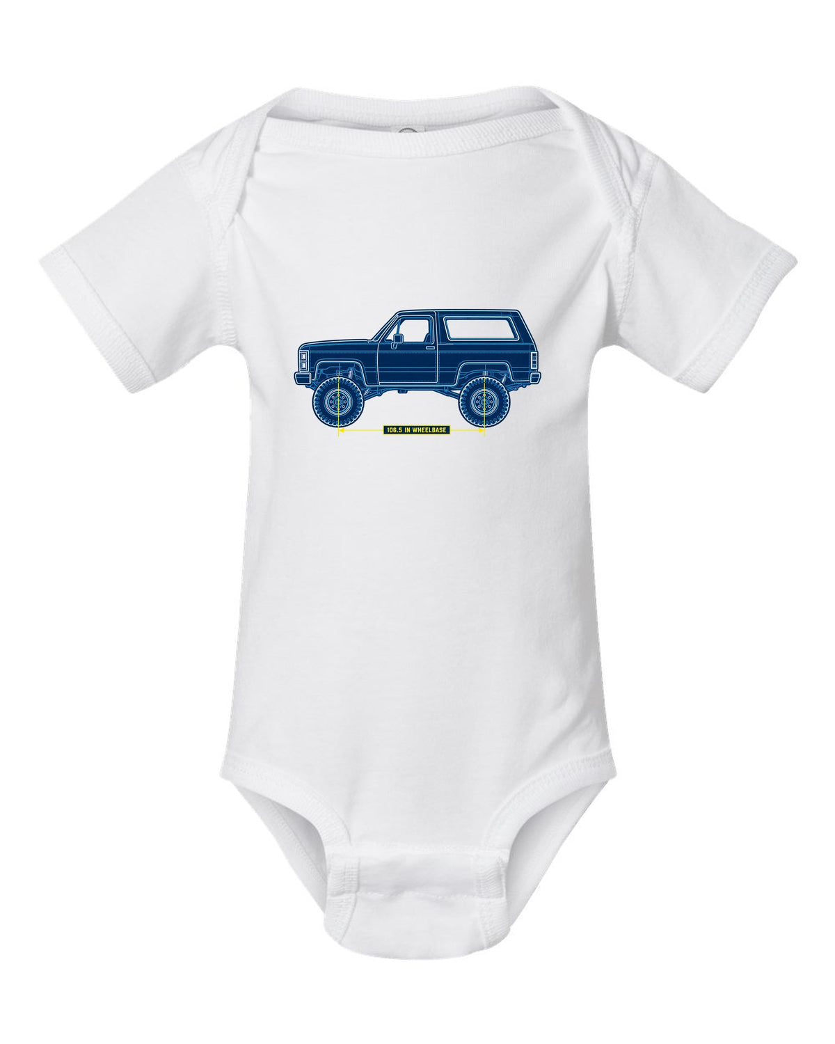Chevrolet K5 Blazer Blueprint Side View white baby onesie front view with the design