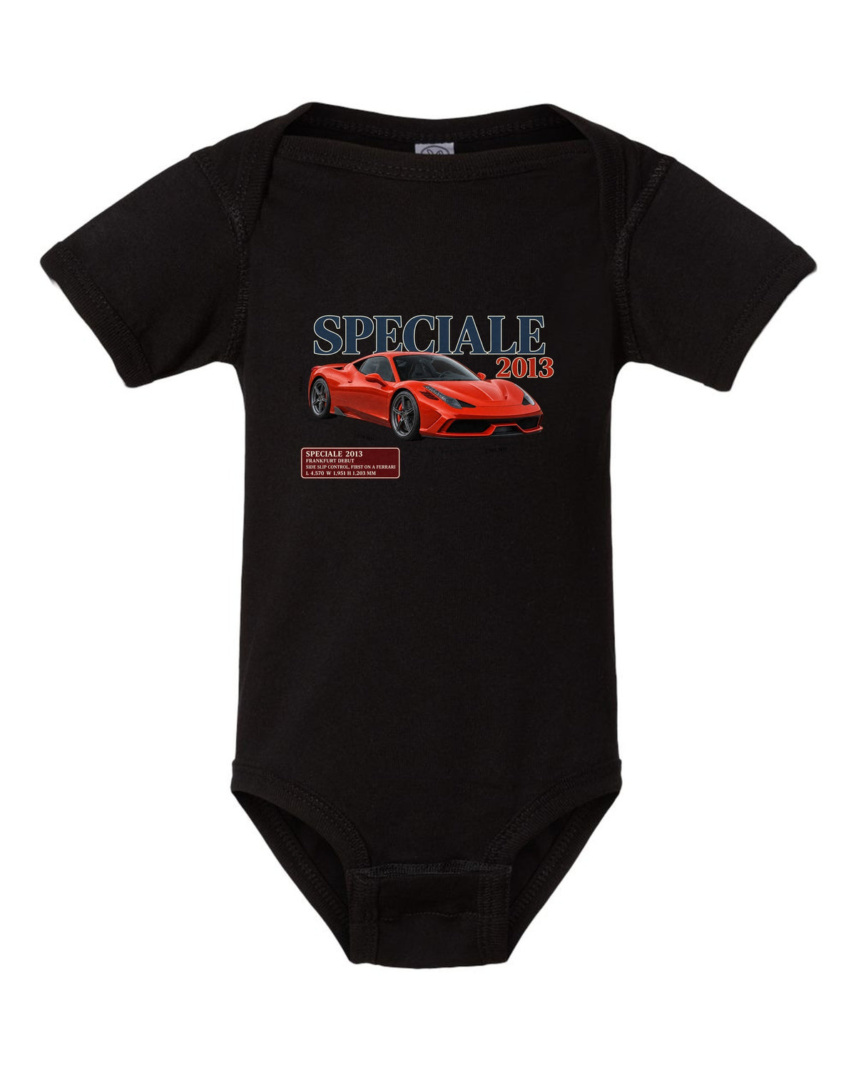 Archive panel print of the Ferrari 458 Speciale in red-orange black baby onesie front view with the design