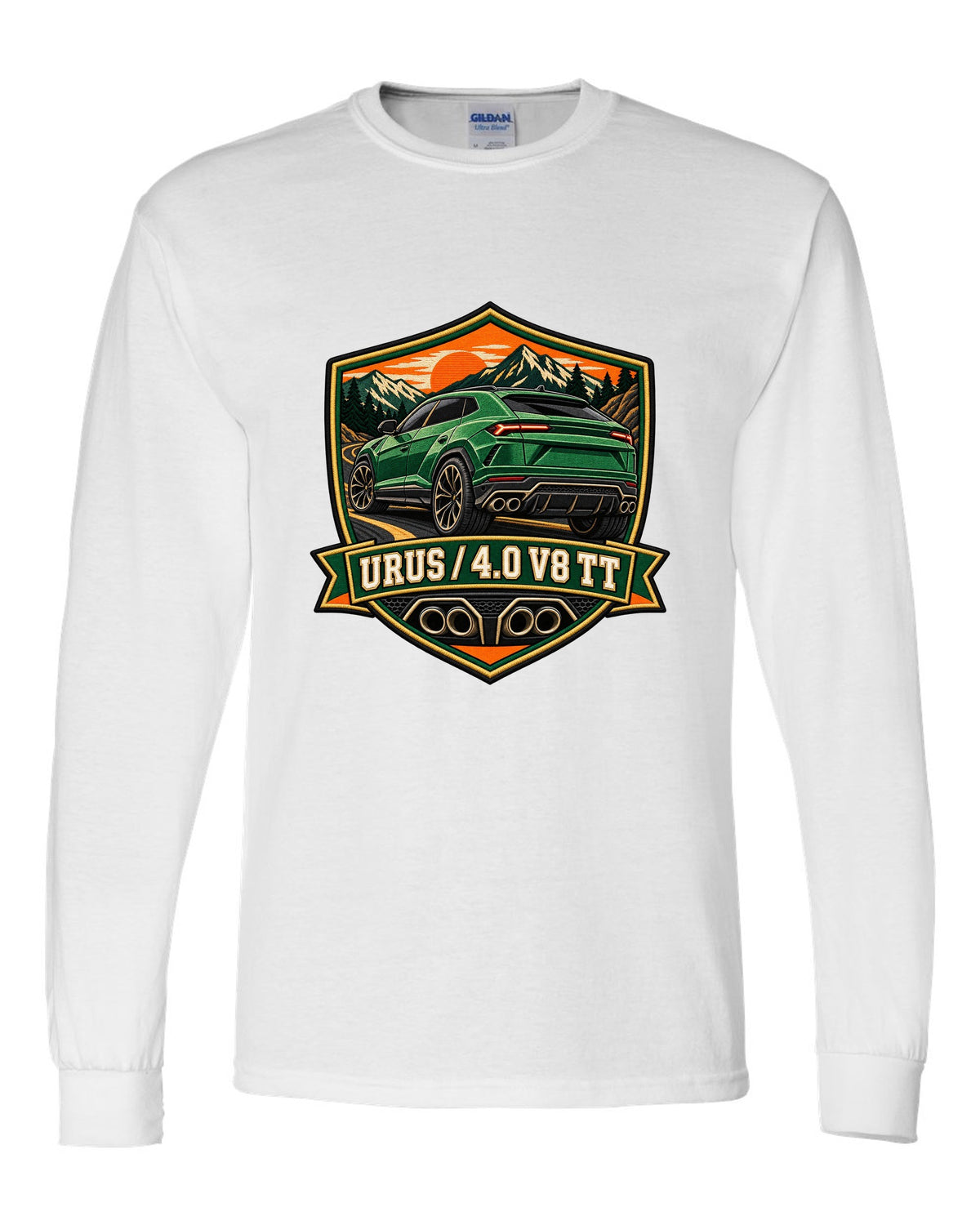 Embroidery-style shield crest of a Lamborghini Urus with 4.0 V8 TT text white long sleeve front view with the design