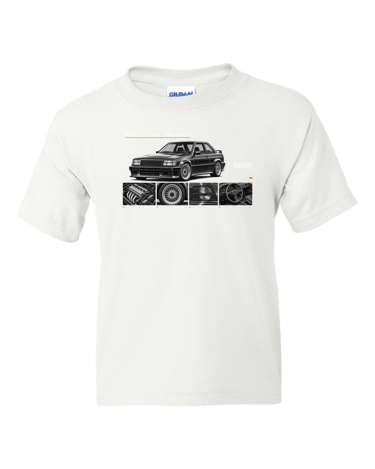 BMW E30 M3 Evo II 1988 dossier panel print with 500 units text white kids tee front view with the design