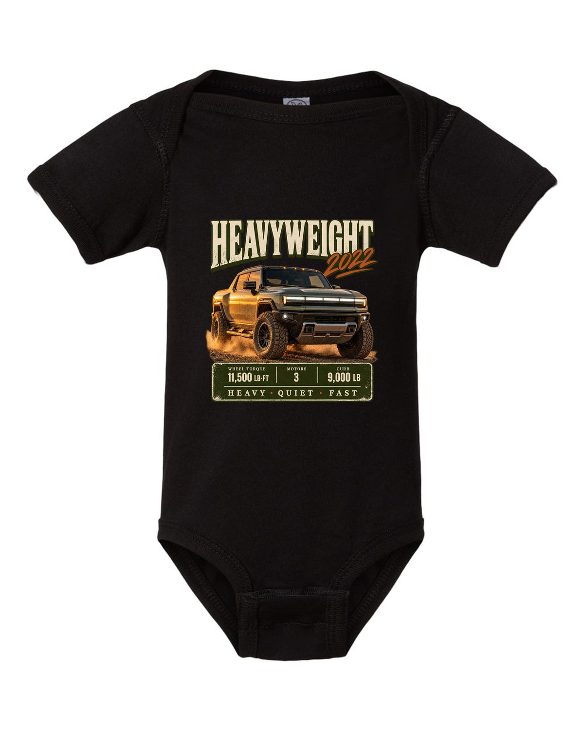 Full colour GMC Hummer EV 2022 three-quarter front archive panel design black baby onesie front view with the design