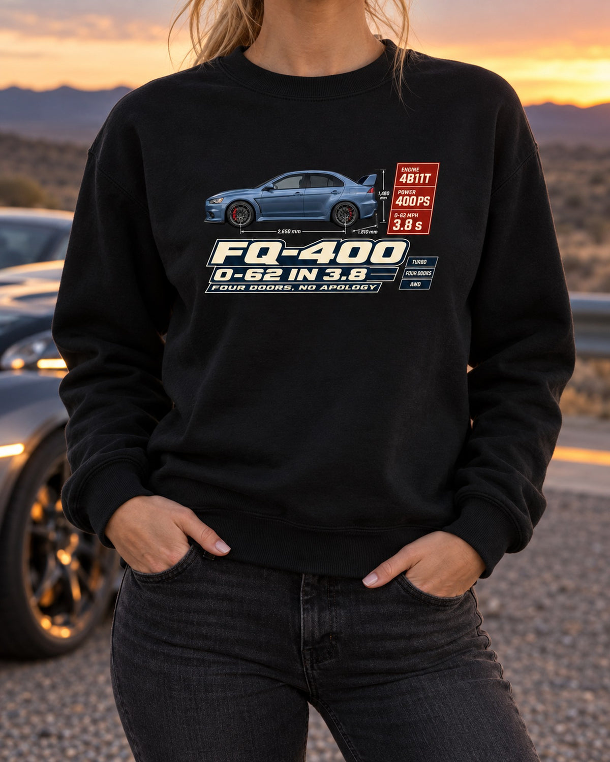 Evo X FQ-400 Spec Poster Tee, 0-62 in 3.8, Four Doors Crewneck Black worn hero