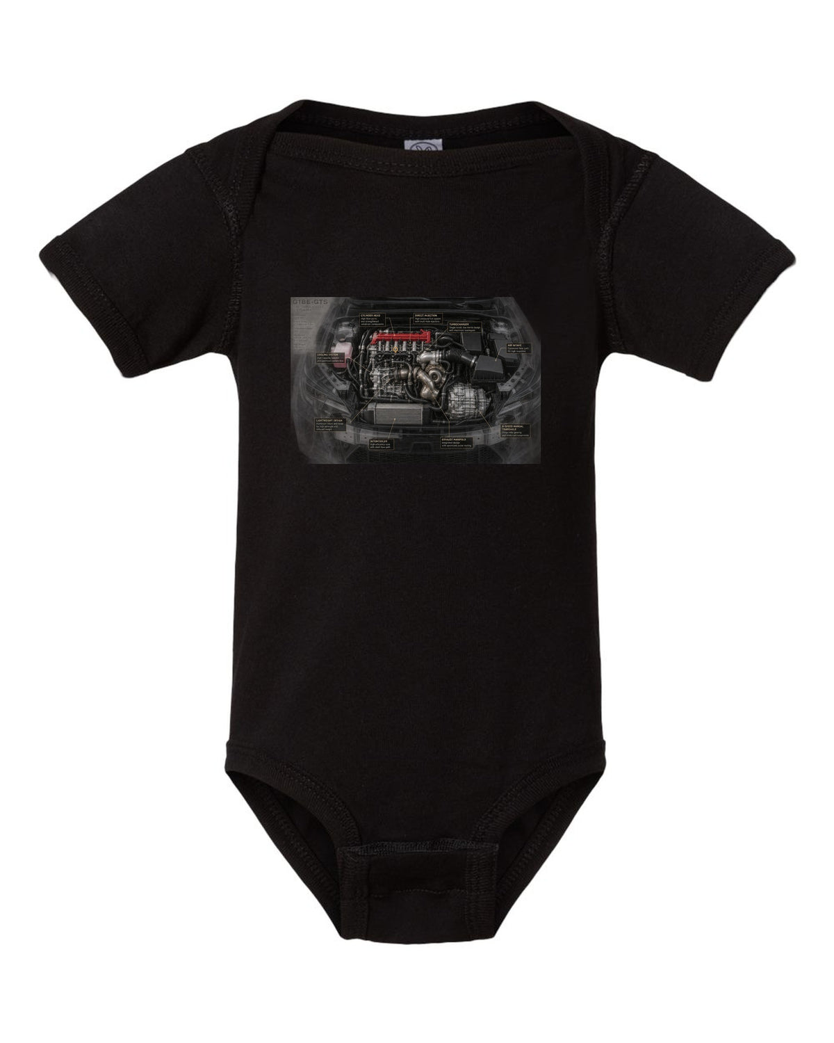 GR Corolla Circuit Edition Aero Callouts Graphic Tee black baby onesie front view with the design