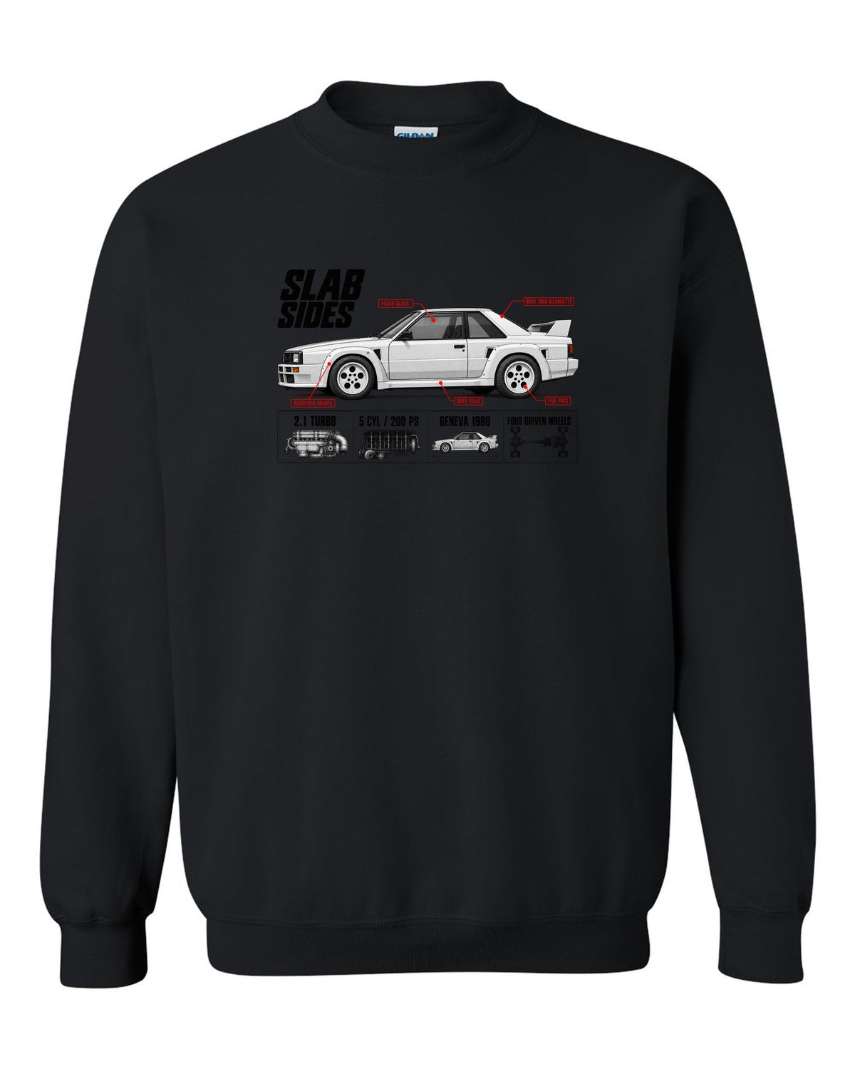 Audi Ur-Quattro Type 85 Slab Sides Spec Poster black crewneck front view with the design