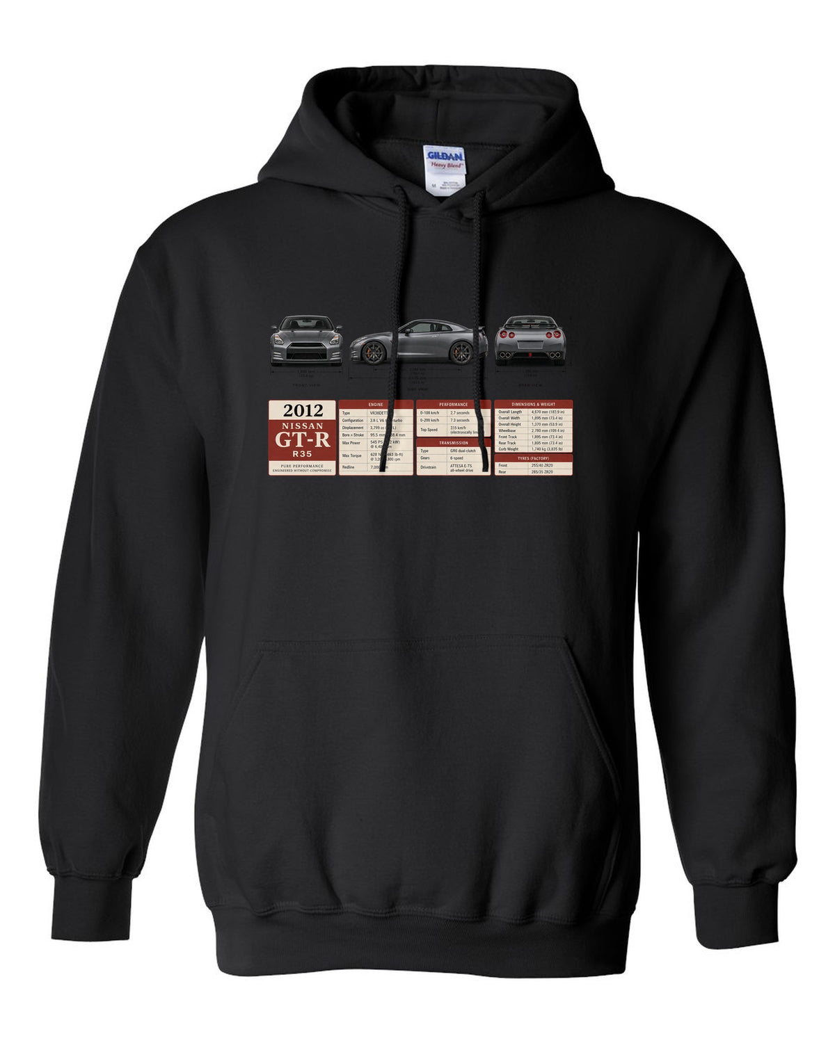 Three-view drawing and spec table of a 2012 Nissan GT-R R35 in graphite grey black pull over hoodie front view with the design