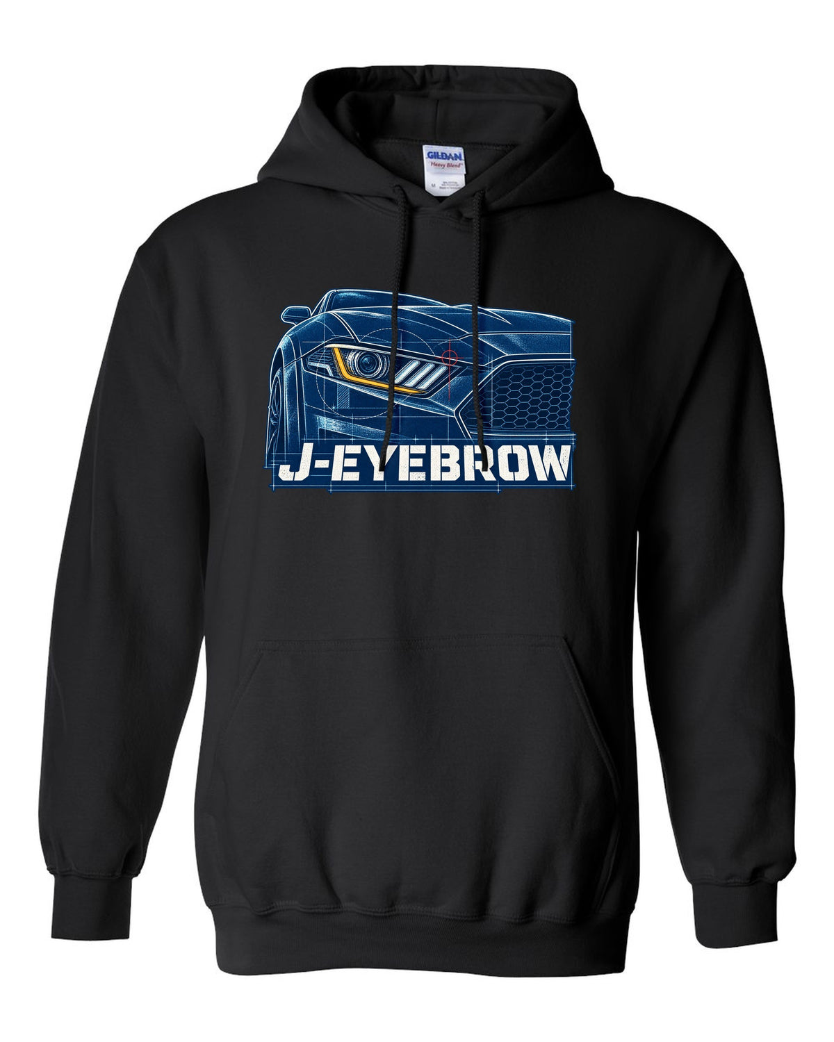 Cyanotype blueprint of a 2015-2023 S550 Ford Mustang fastback with J-Eyebrow label black pull over hoodie front view with the design