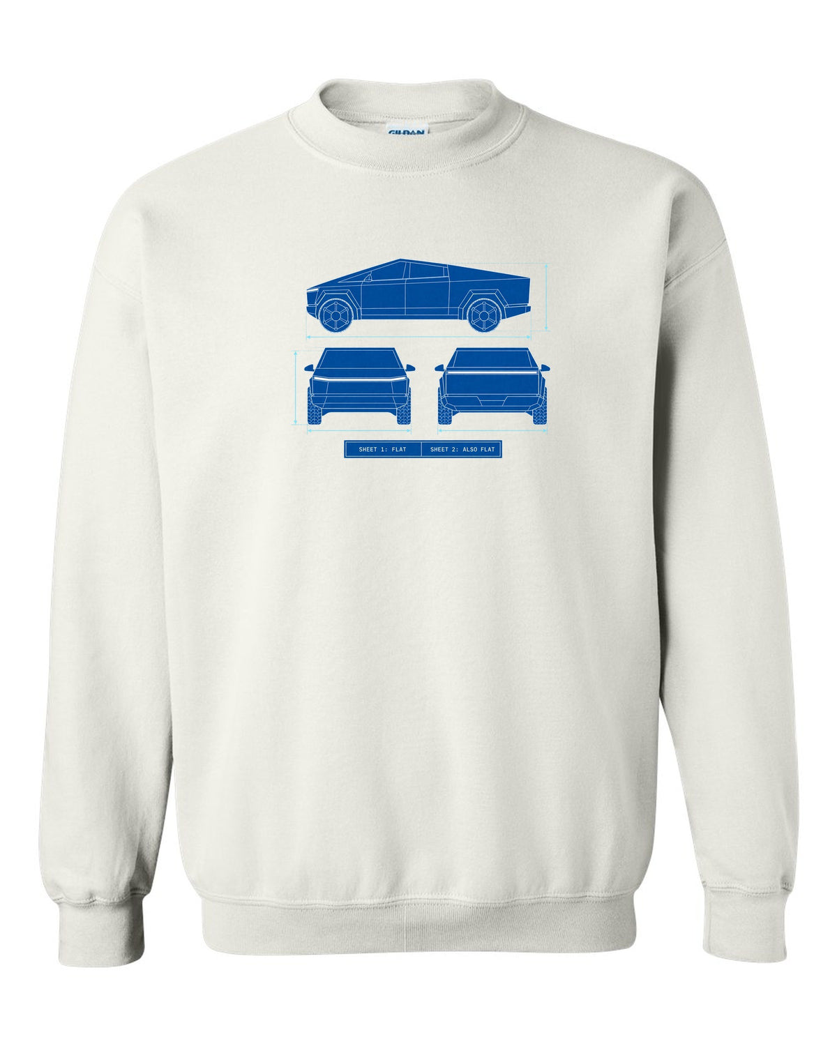 Technical blueprint line art of a 2023 Tesla Cybertruck with Sheet 1 Flat and Sheet 2 Also Flat lettering white crewneck front view with the design