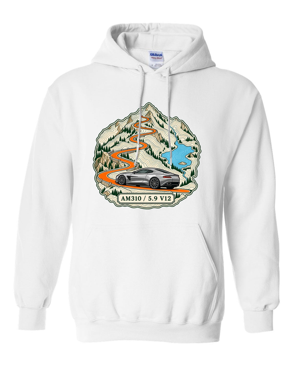 Topographic ridge route map print for the 2012 Aston Martin Vanquish AM310 with 5.9 V12 lettering white pull over hoodie front view with the design