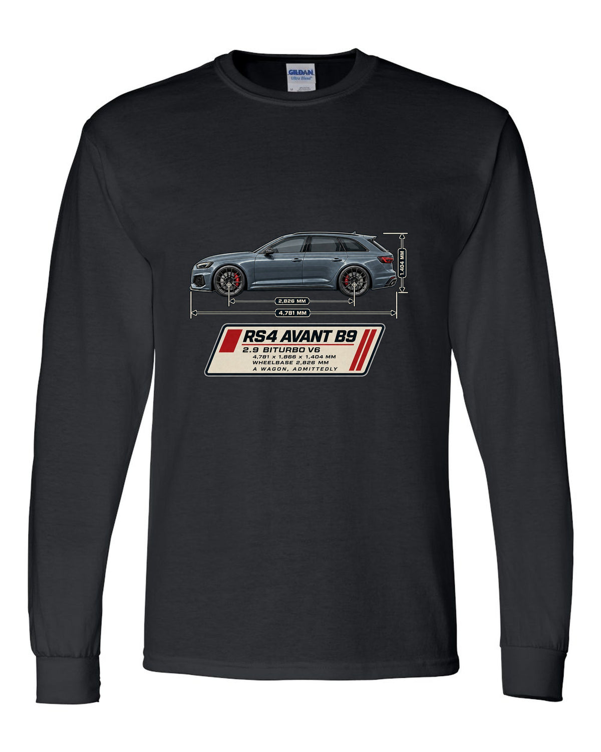 Audi RS4 Avant B9 dimension blueprint print with measurements black long sleeve front view with the design