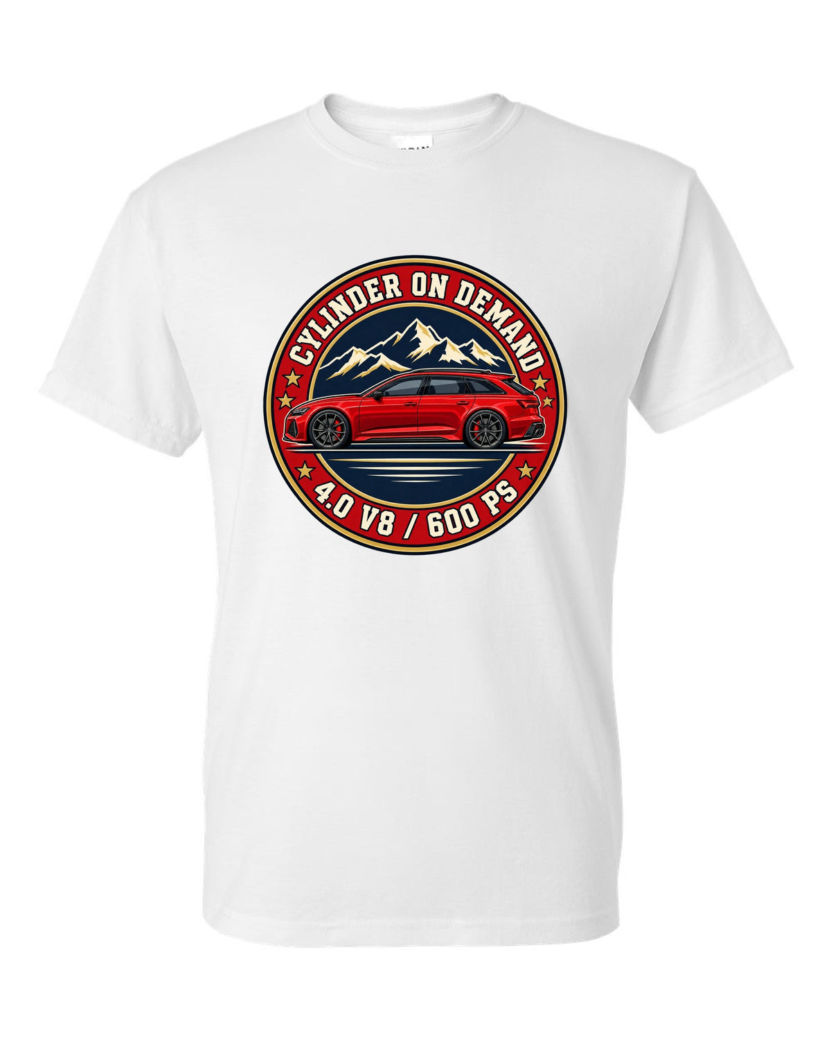 Varsity-style crest design for the Audi RS6 Avant C8 with 4.0 V8 and 600 PS lettering white t-shirt front view with the design