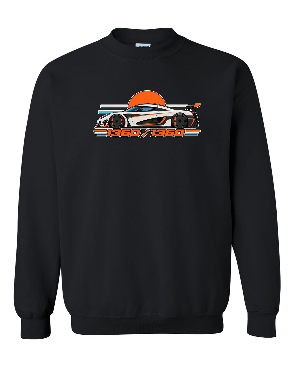 Minimal Swiss grid print for the Koenigsegg One:1 with 1360 over 1360 lettering black crewneck front view with the design