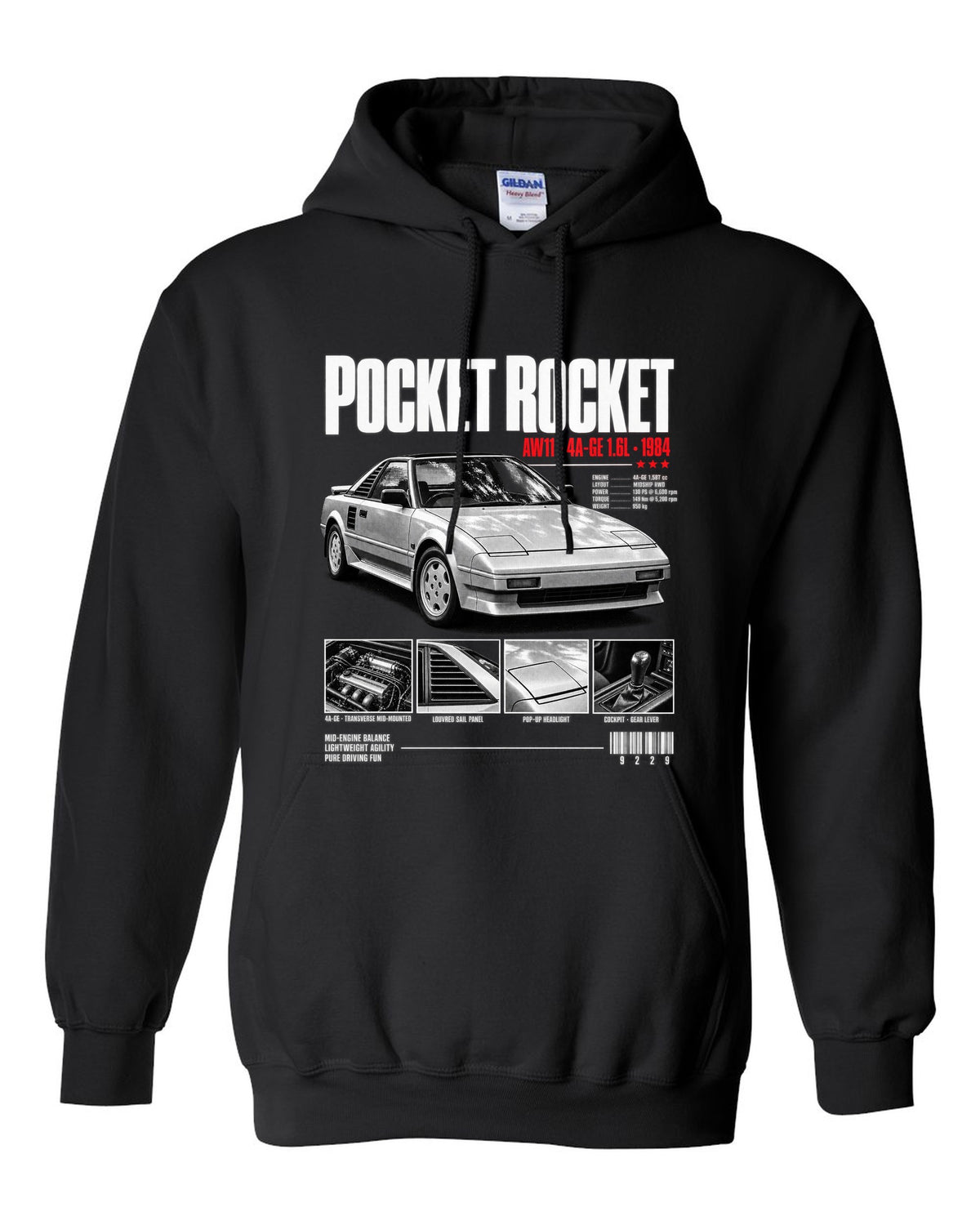 Dossier panel print of a Toyota MR2 AW11 with Pocket Rocket and 4A-GE text black pull over hoodie front view with the design