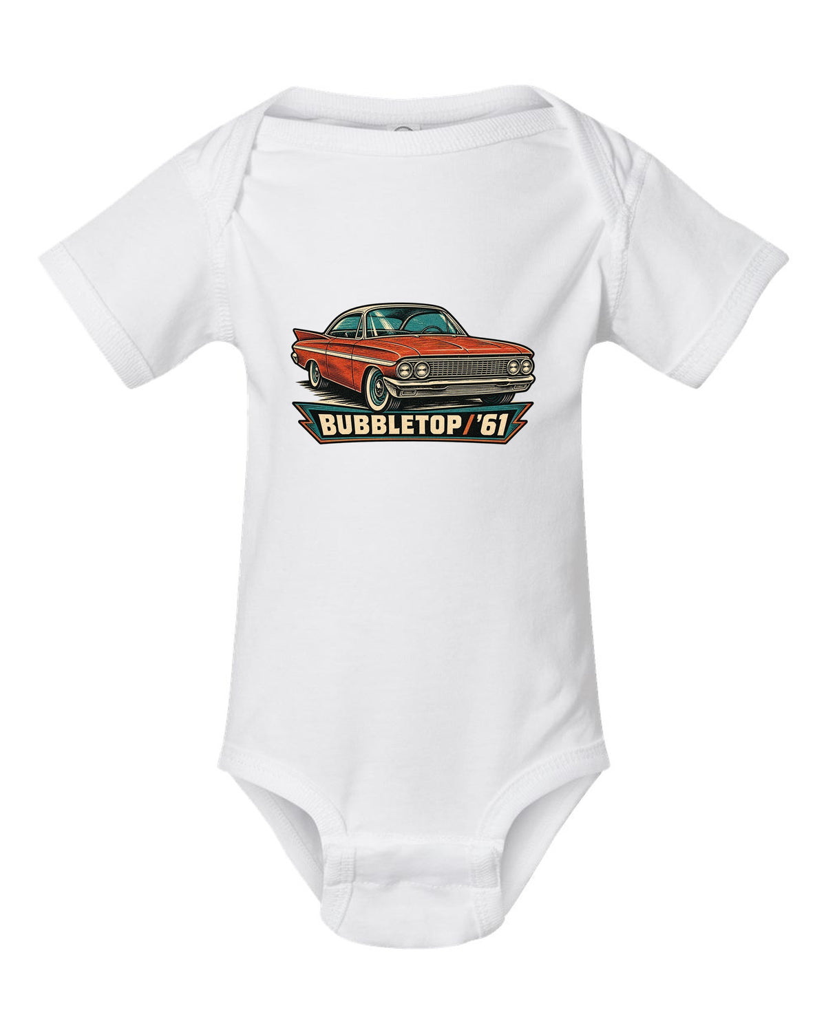 1961 Chevrolet Impala Sport Coupe bubbletop in linocut style with text Bubbletop '61 white baby onesie front view with the design