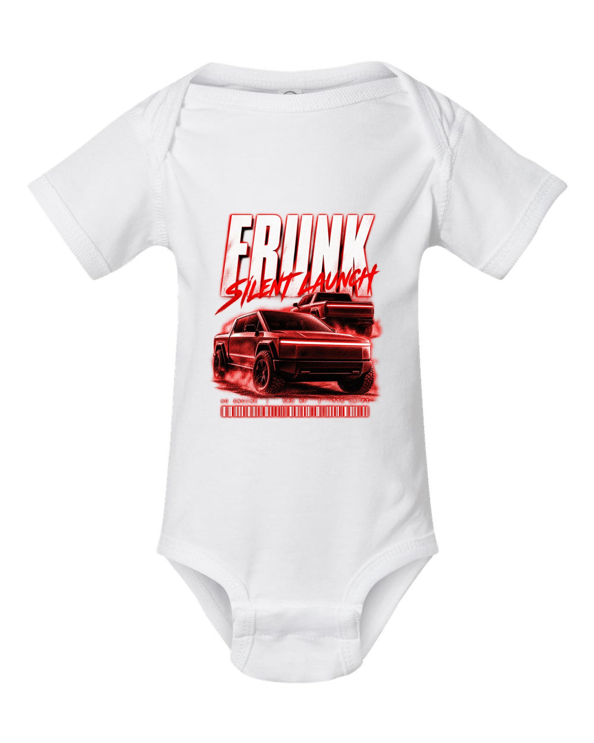 Ford F-150 Lightning EV street poster print with frunk, silent launch and 775 lb-ft white baby onesie front view with the design
