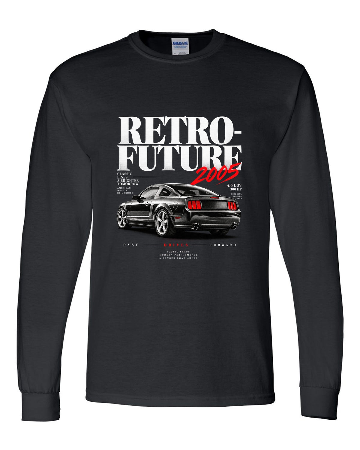 Editorial headline print of a 2005-09 Ford Mustang S197 GT black long sleeve front view with the design