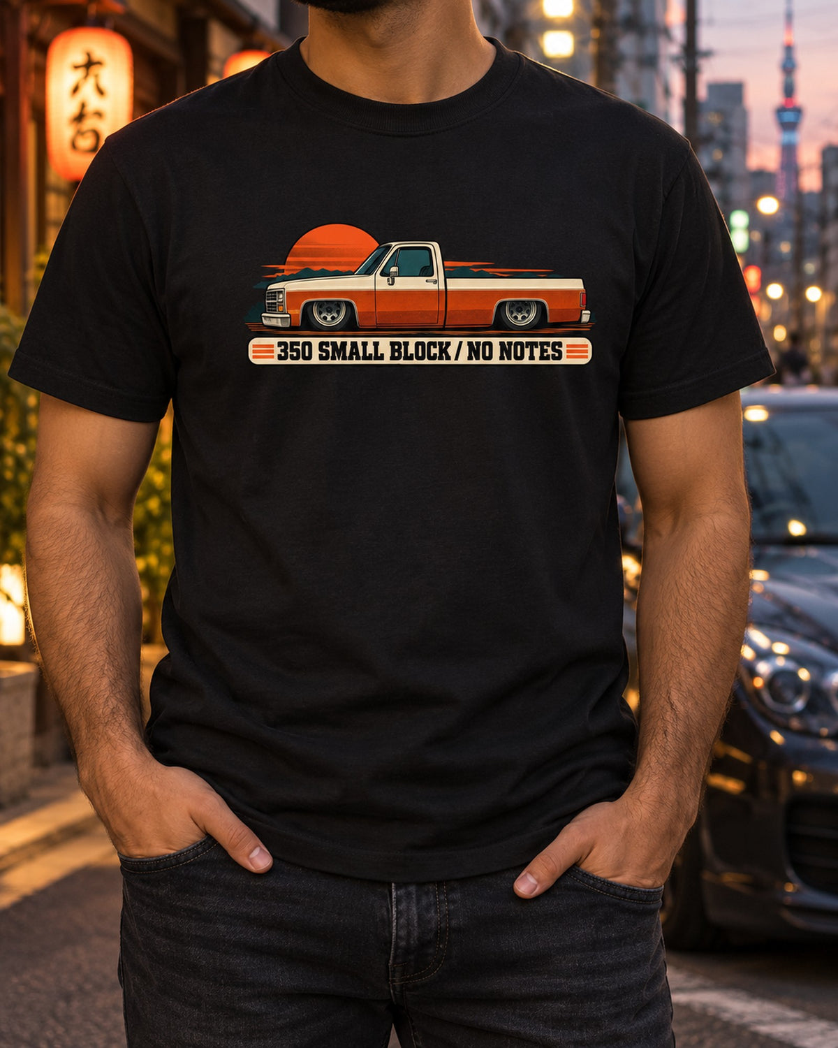 Dropped Chevrolet C10 Squarebody 1973-87 Retro Halftone Shirt T-Shirt Black worn hero