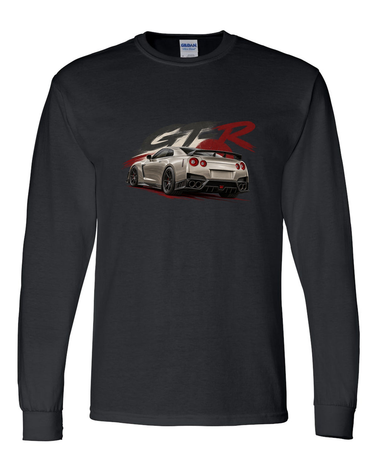 Nissan GT-R R35 VR38DETT engine drawn as a poster-style hero black long sleeve front view with the design