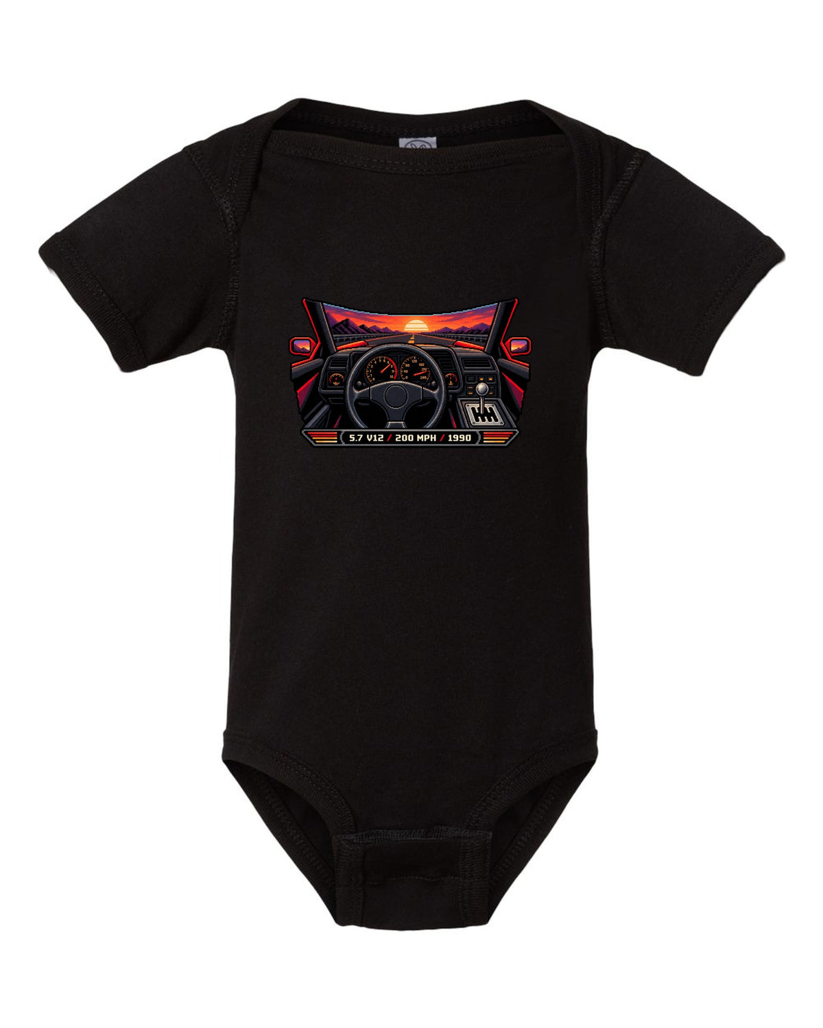 Pixel art Lamborghini Diablo from 1990 with gated shifter and 5.7 V12 200 MPH lettering black baby onesie front view with the design