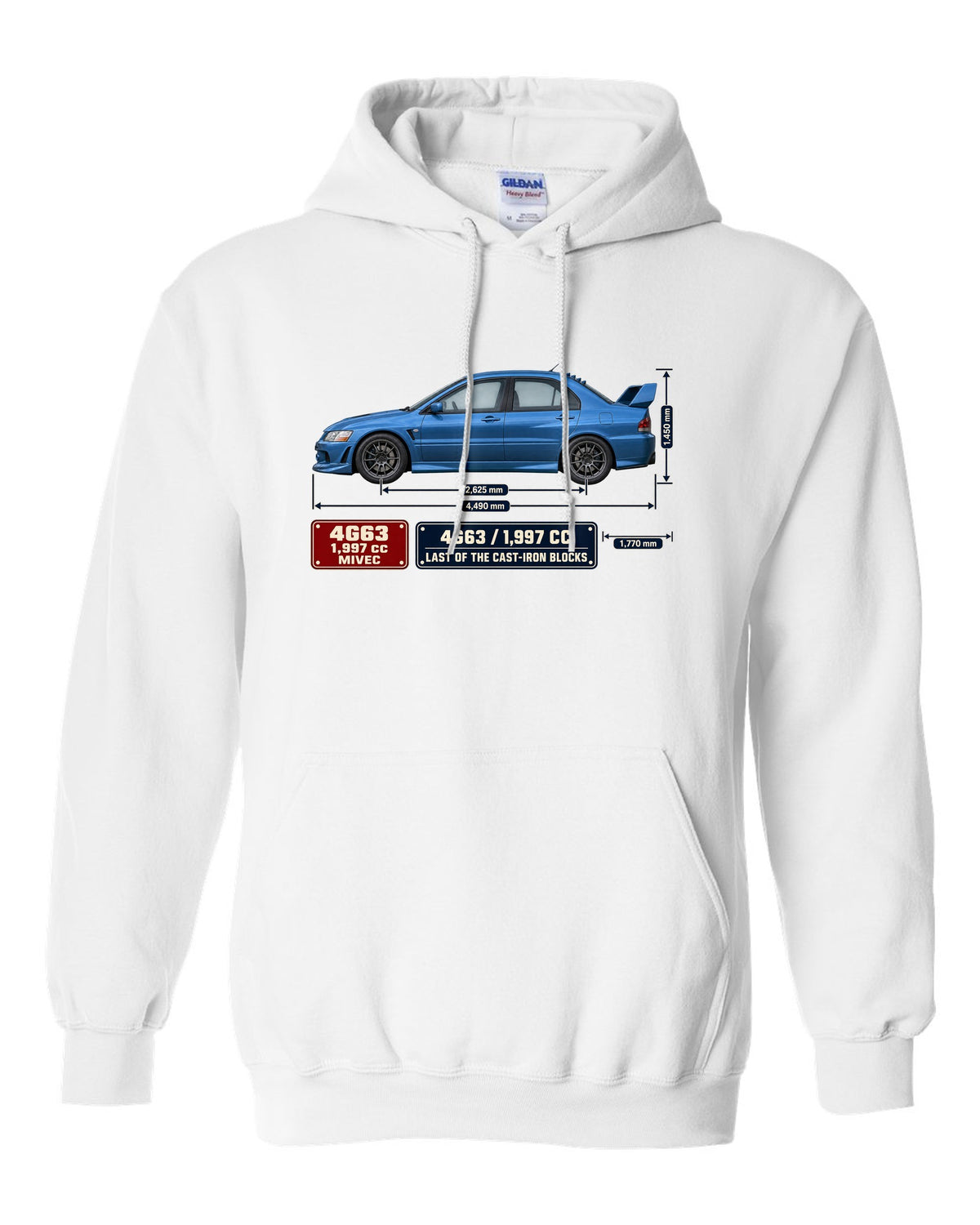 Lancer Evolution IX MR Blueprint white pull over hoodie front view with the design