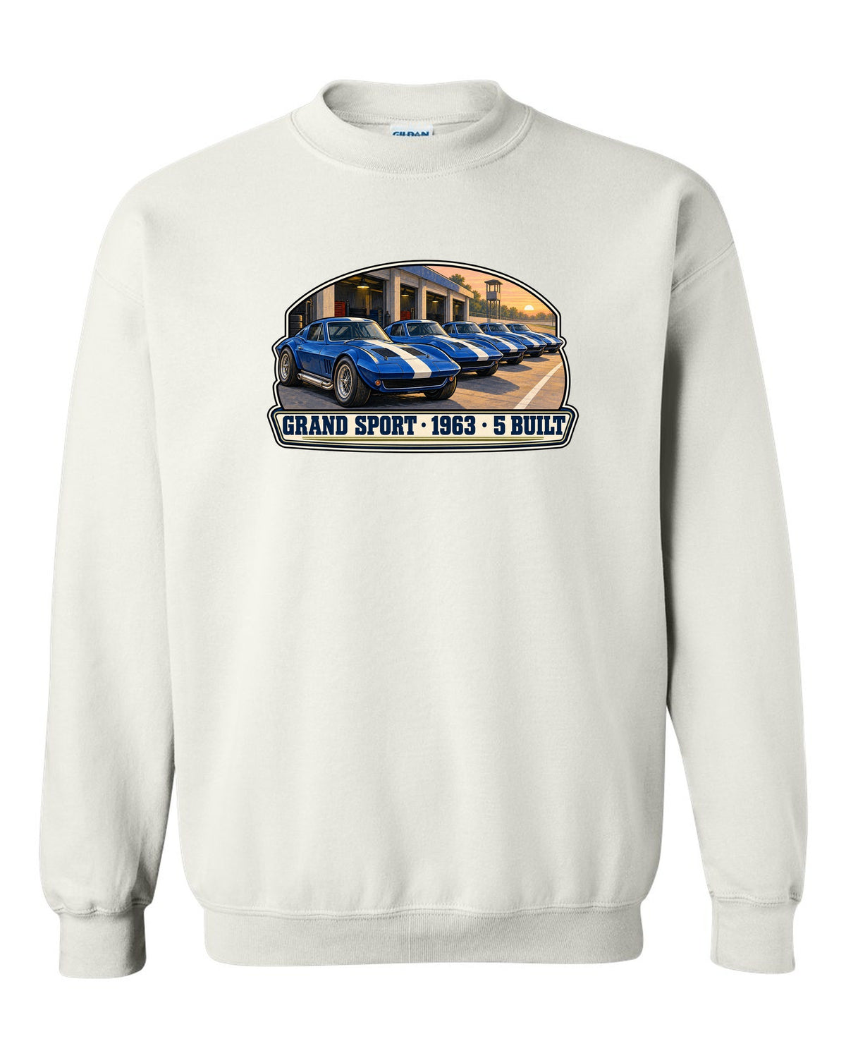 Isometric vector print of a 2014 Chevrolet Corvette C7 Stingray highlighting the fender gill vent white crewneck front view with the design