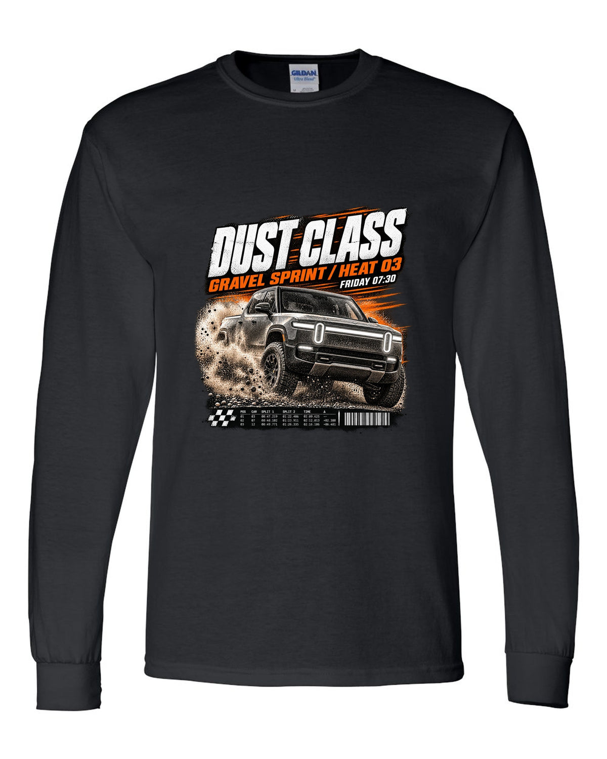 Rivian R1T Gen 2 2025 race poster reading Dust Class, gravel sprint, heat 03 black long sleeve front view with the design