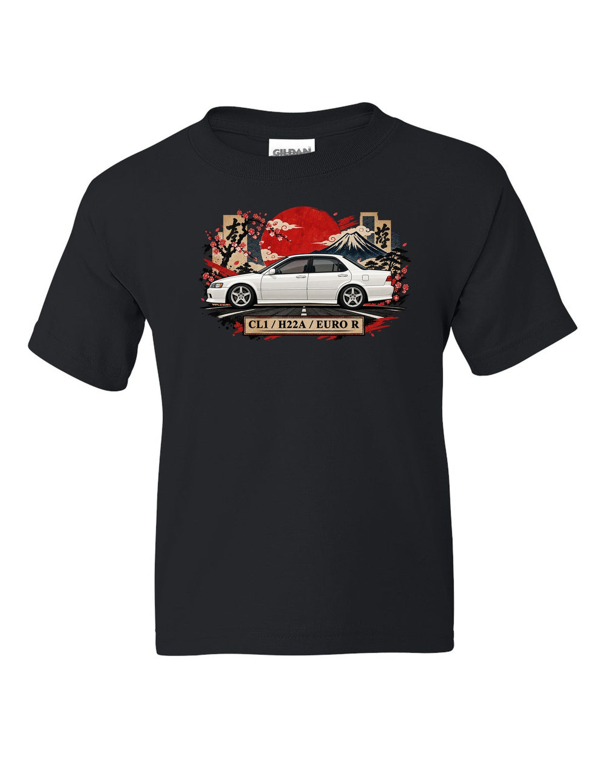 Japanese kanji plate collage print for the Honda Accord Euro R CL1 with H22A text black kids tee front view with the design