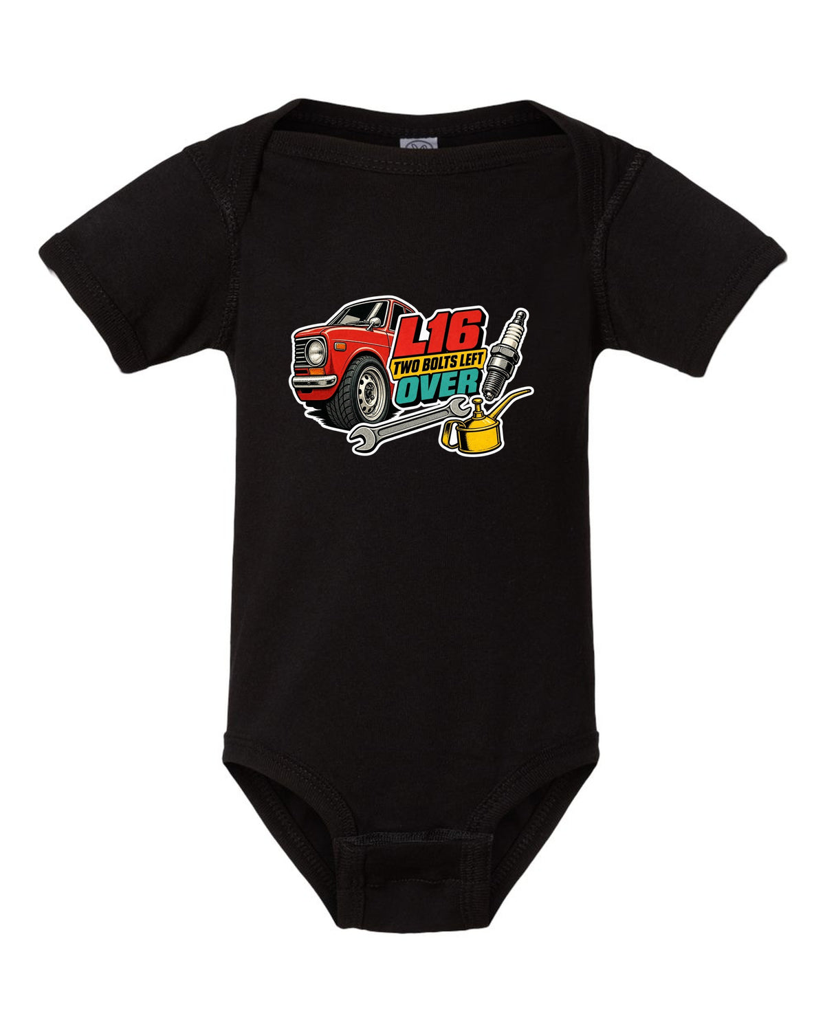 Datsun 510 wheel and fender sticker-bomb collage with L16 text on the front of a shirt black baby onesie front view with the design