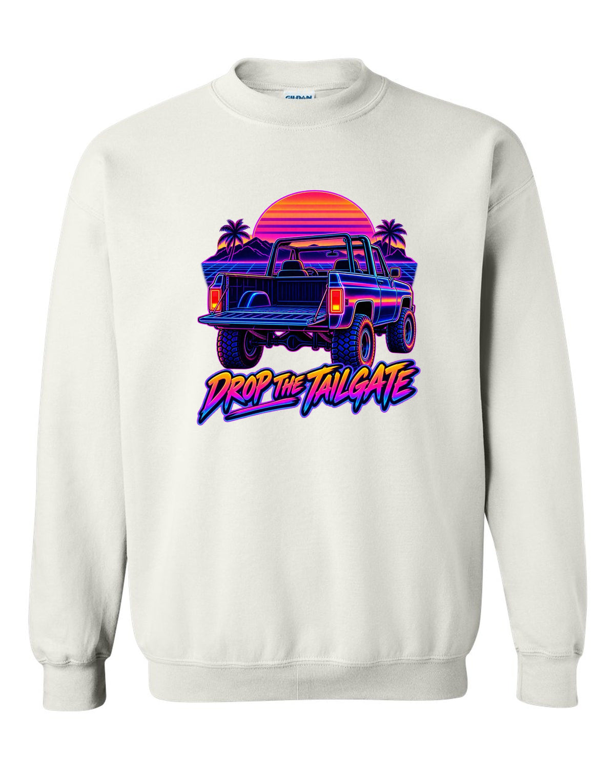 Neon synthwave line art of a 1973-1991 Chevrolet K5 Blazer tailgate with DROP THE TAILGATE text white crewneck front view with the design