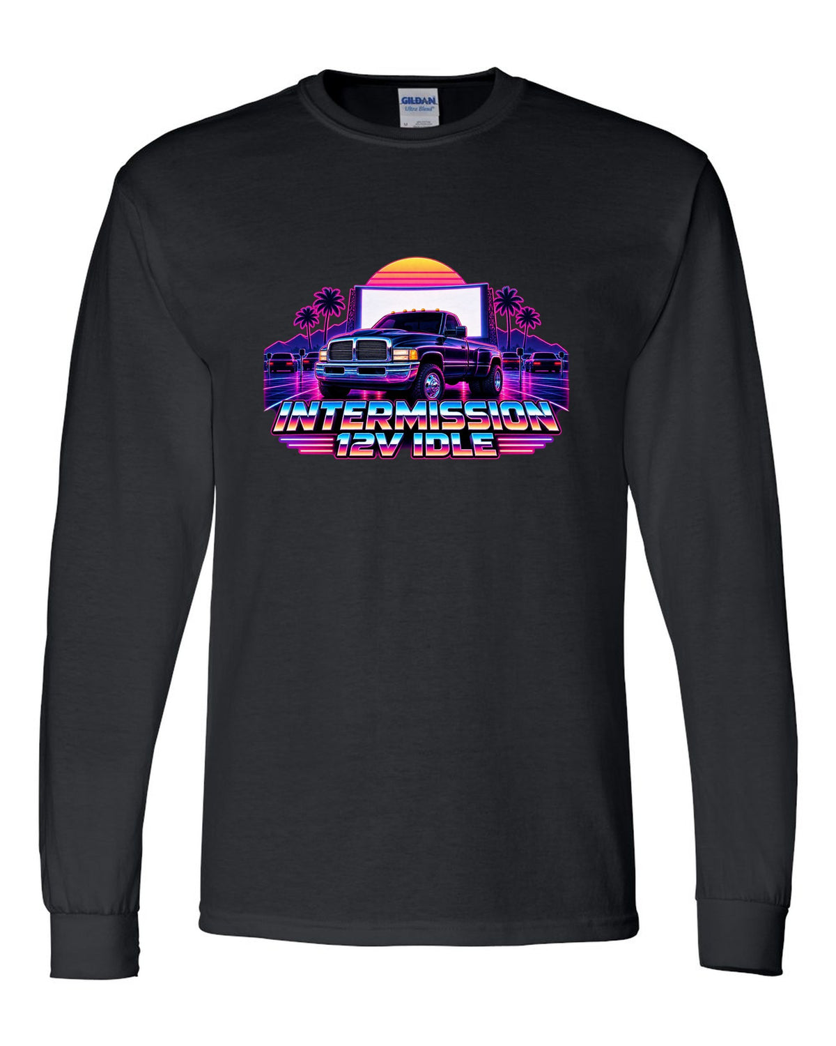 Neon synthwave grid print of a 1994-1998 Dodge Ram 2nd gen 12V with intermission 12V idle text black long sleeve front view with the design