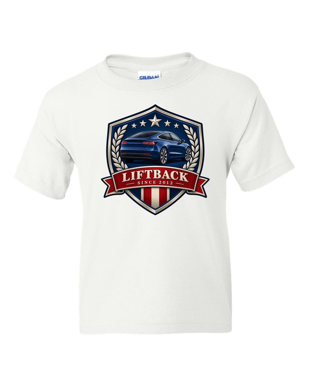 Original shield crest design of a 2021 Tesla Model S Plaid with the words Liftback Since 2012 white kids tee front view with the design