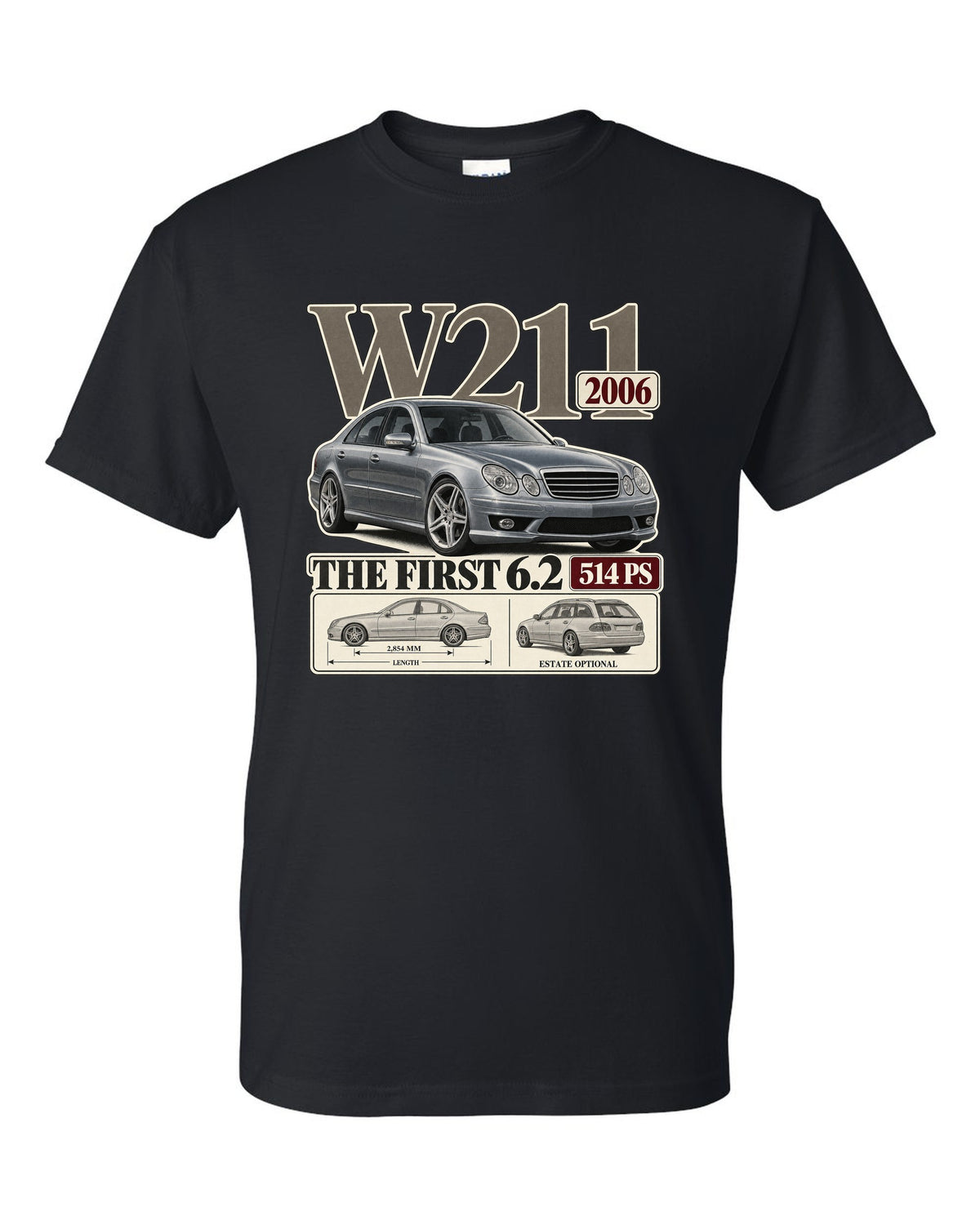 Archive panel print of a silver Mercedes-AMG E63 W211 sedan black t-shirt front view with the design