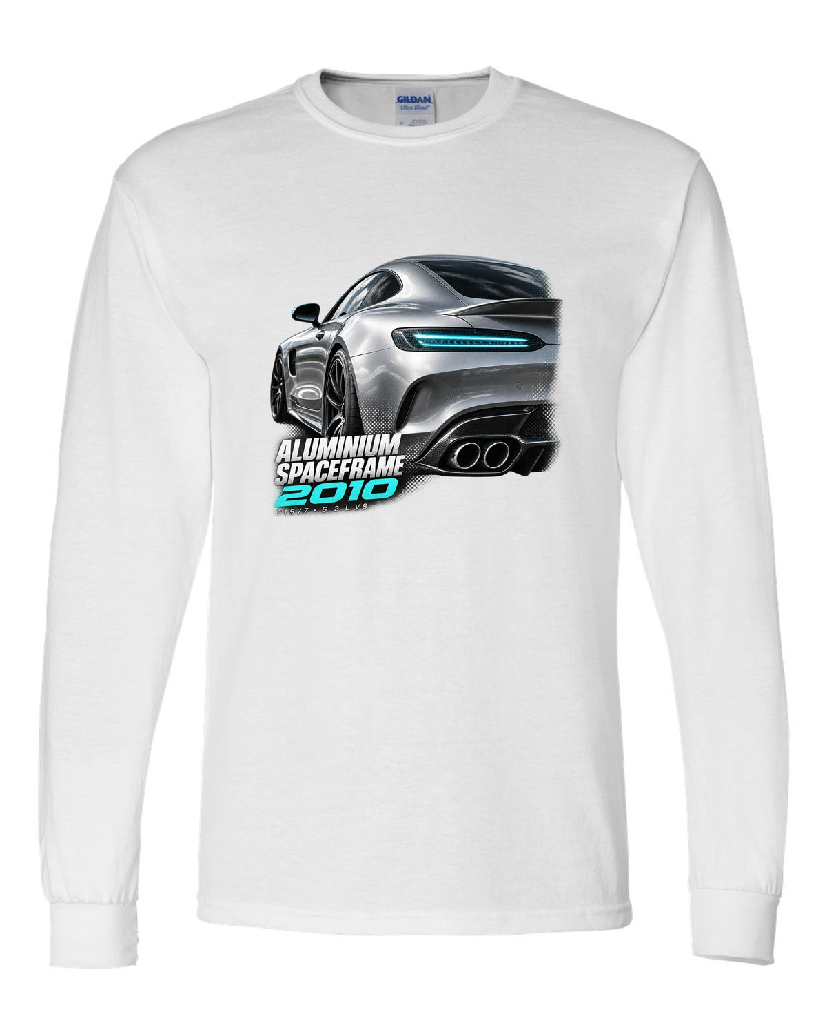 Taillight macro print of a Mercedes SLS AMG C197 with Aluminium Spaceframe 2010 lettering white long sleeve front view with the design