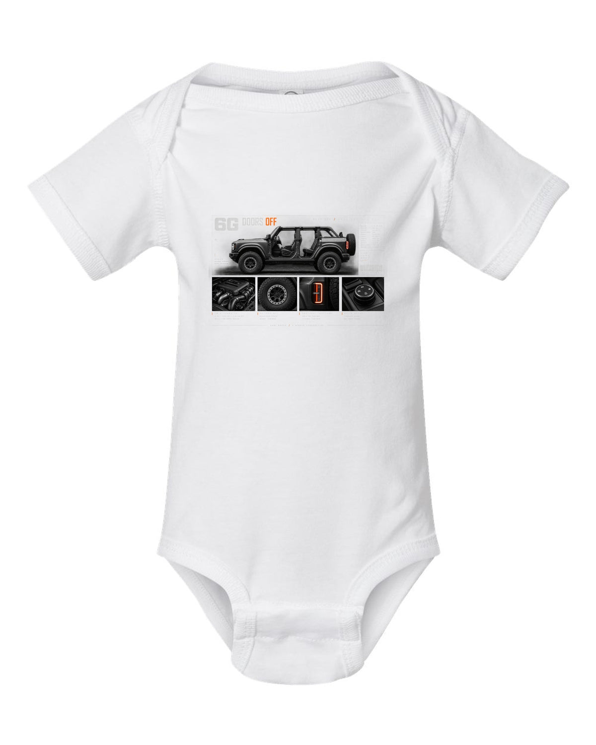 Ford Bronco 6G four-door dossier panel print with doors off, roof off text white baby onesie front view with the design