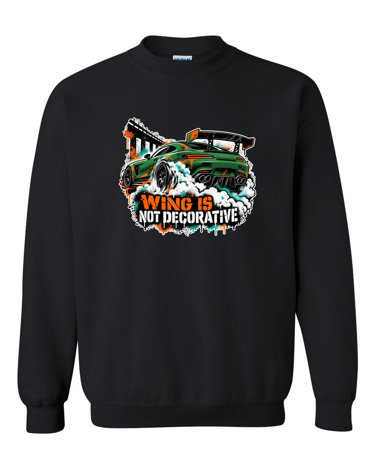 Risograph spot colour illustration of a Mercedes AMG GT R C190 in a garage with Track Day Monday Bill text black crewneck front view with the design