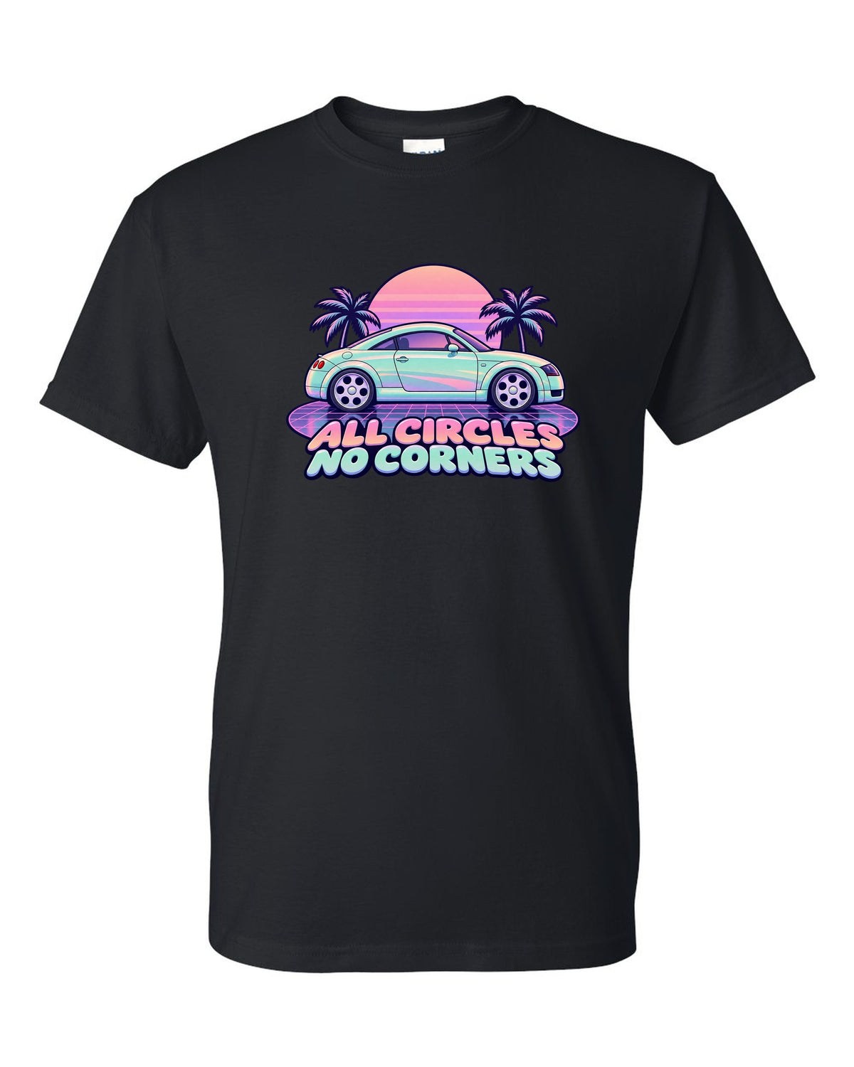 Pastel vaporwave print of an Audi TT Coupe 8N with all circles no corners text black t-shirt front view with the design