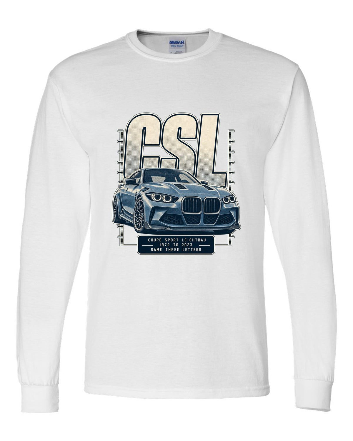 BMW CSL halftone lettering print, 1972 to 2023 white long sleeve front view with the design