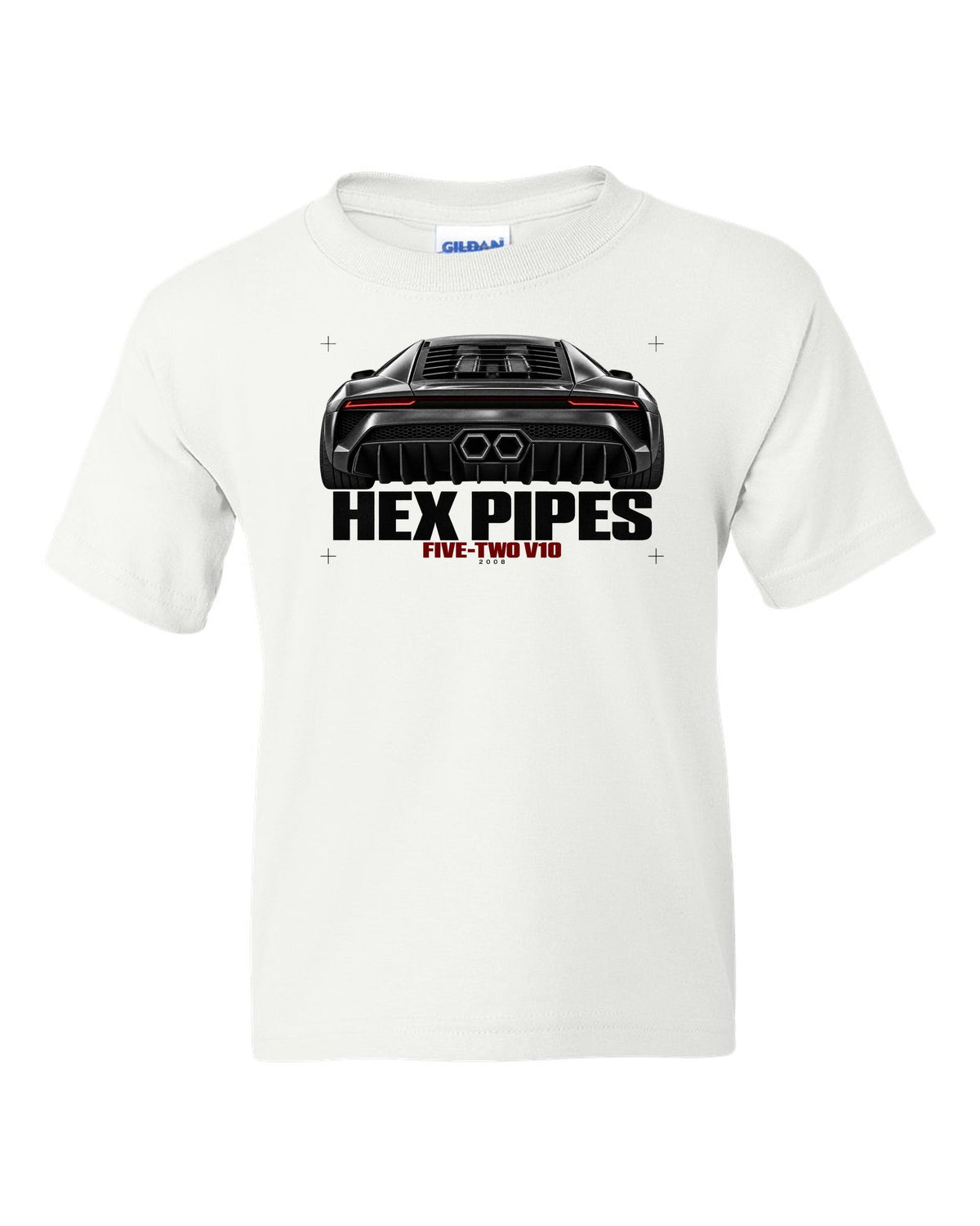 Exhaust macro print of a Lamborghini Gallardo LP560-4 with Hex Pipes and Five-Two V10 text white kids tee front view with the design