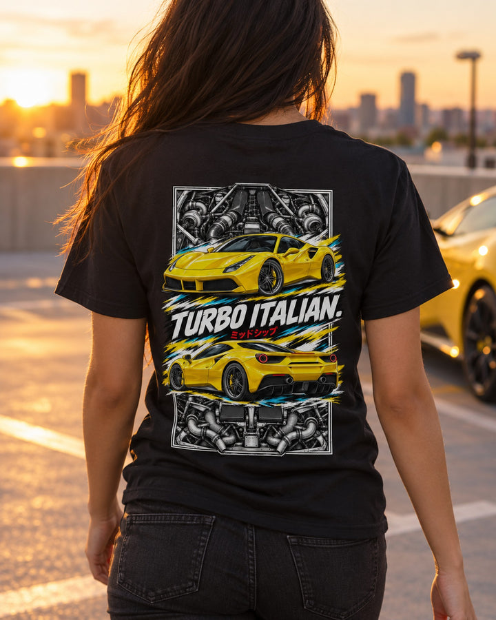 Ferrari 488 Torn Poster Full-Back Graphic Tee T-Shirt Black worn hero