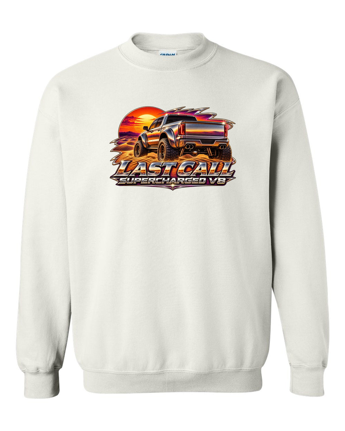 80s chrome airbrush print of a 2024 Ram 1500 TRX Final Edition on a dune with last call supercharged V8 text white crewneck front view with the design