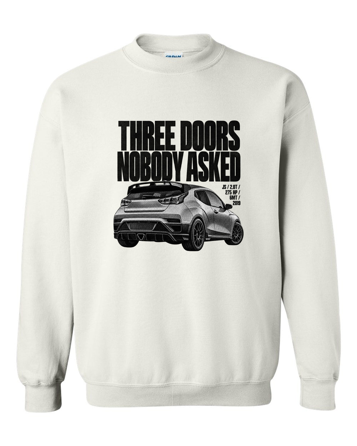 Hyundai Veloster N JS halftone print with three doors text white crewneck front view with the design