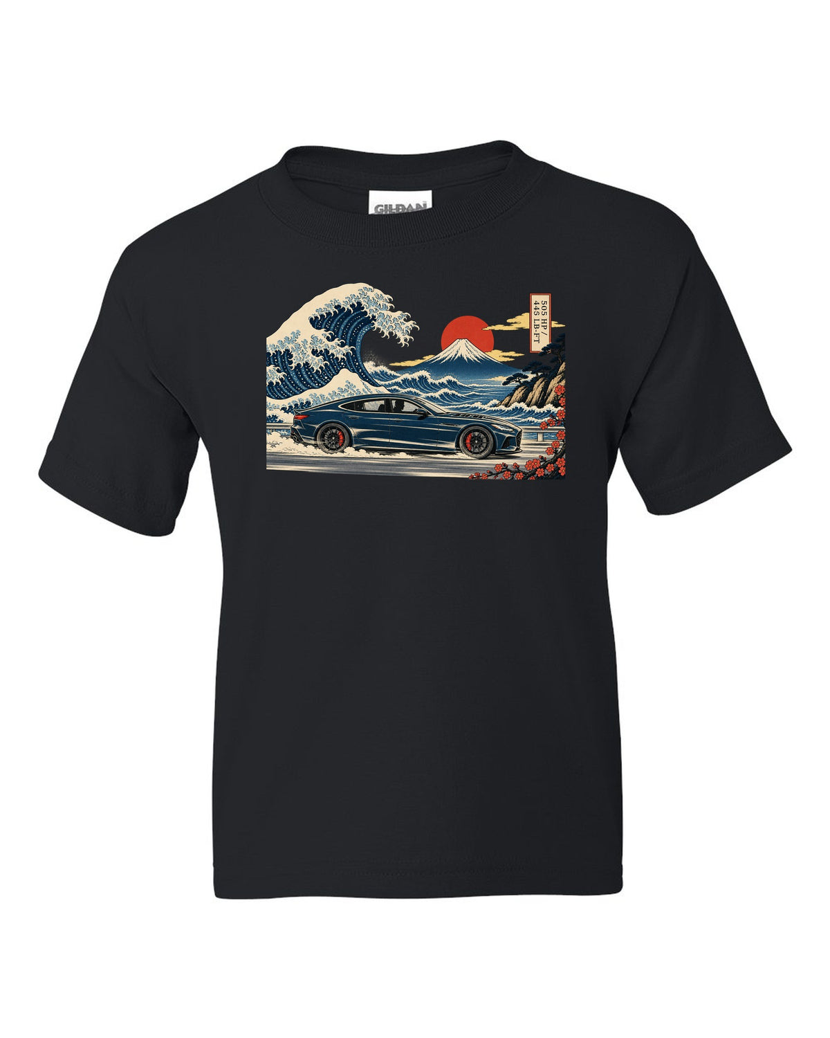 Ukiyo-e woodblock wave illustration of an Alfa Romeo Giulia Quadrifoglio with 505 HP and 443 lb-ft black kids tee front view with the design